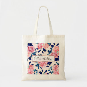 Girly Pink Navy Blue Country Painted Flowers Tote Bag