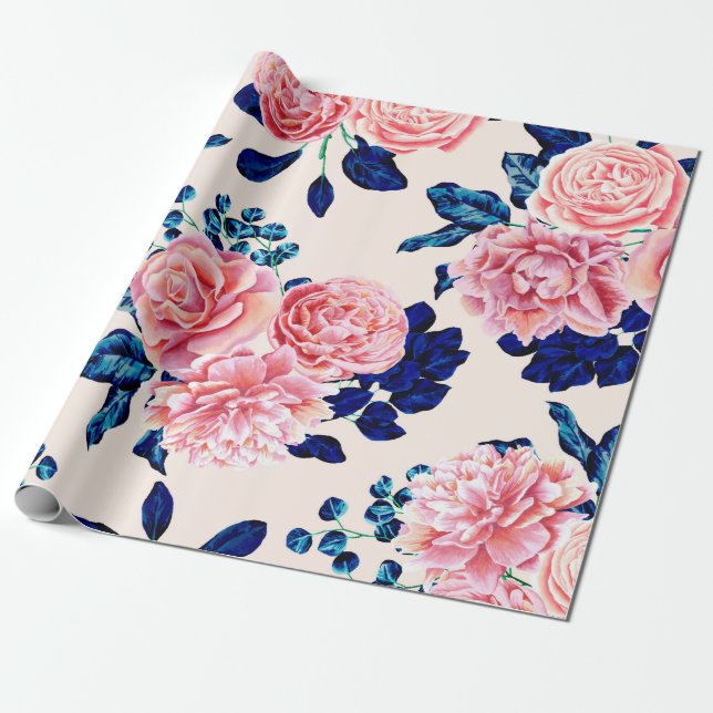 Girly Pink Navy Blue Country Painted Flowers Wrapping Paper (Unrolled)