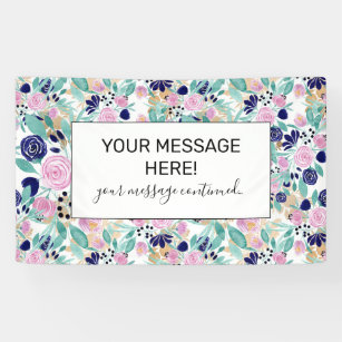 Girly Pink Navy Blue Gold Watercolor Flowers Banner
