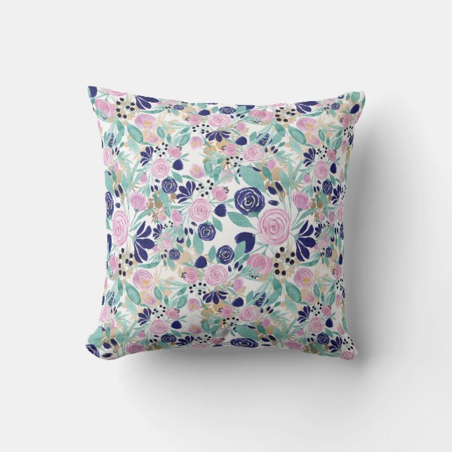 Girly Pink Navy Blue Gold Watercolor Flowers Cushion (Front)