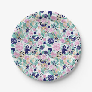 Girly Pink Navy Blue Gold Watercolor Flowers Paper Plate