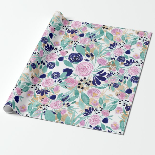 Girly Pink Navy Blue Gold Watercolor Flowers Wrapping Paper (Unrolled)