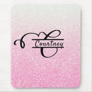 Girly Pink Ombre Glitter Letter C Split Monogram Mouse Mat