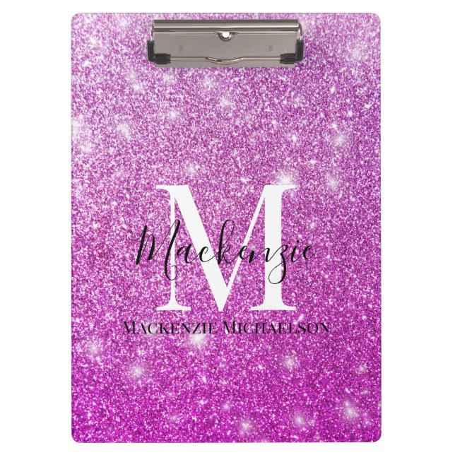 Girly Pink Ombre Glitter Monogram Name  Clipboard (Front)