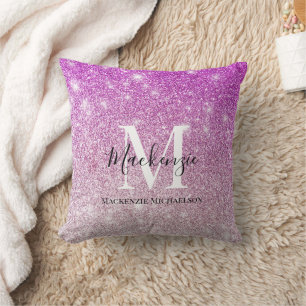 Girly Pink Ombre Glitter Monogram Name   Cushion