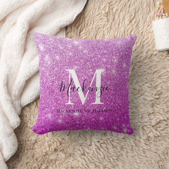 Girly Pink Ombre Glitter Monogram Name    Cushion (Blanket)