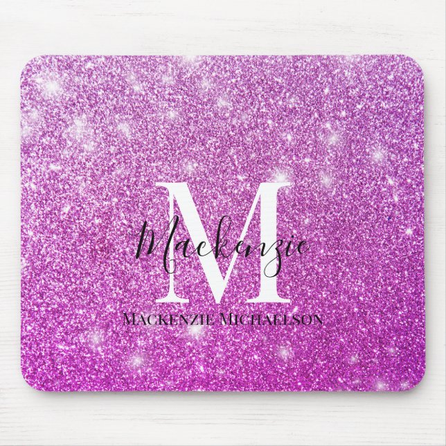 Girly Pink Ombre Glitter Monogram Name   Mouse Mat (Front)
