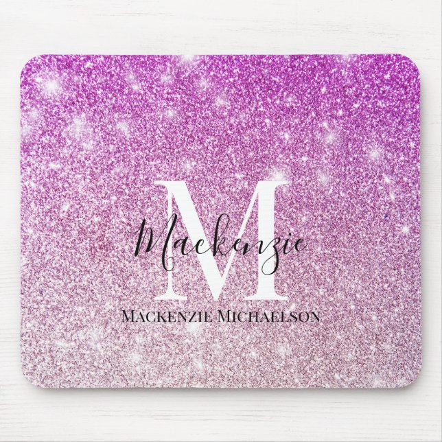 Girly Pink Ombre Glitter Monogram Name   Mouse Mat (Front)