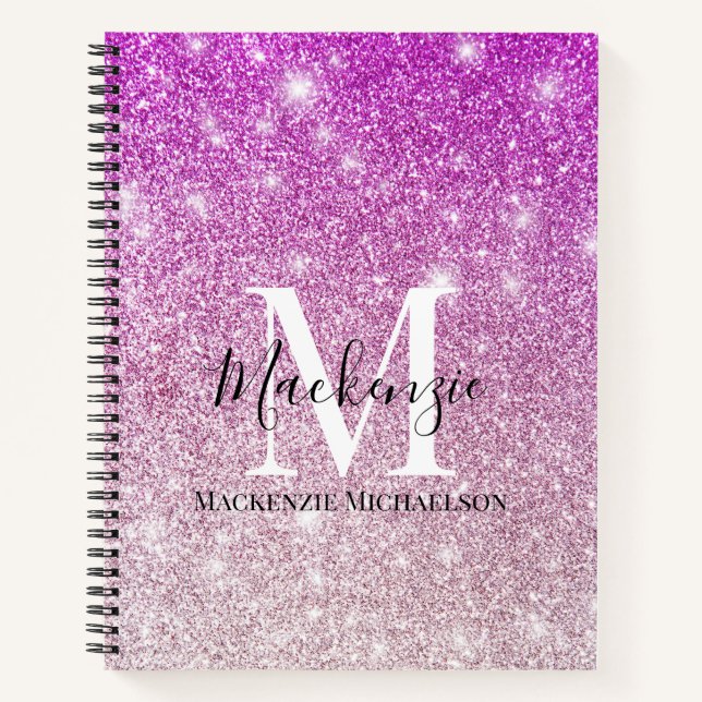 Girly Pink Ombre Glitter Monogram Name Notebook (Front)