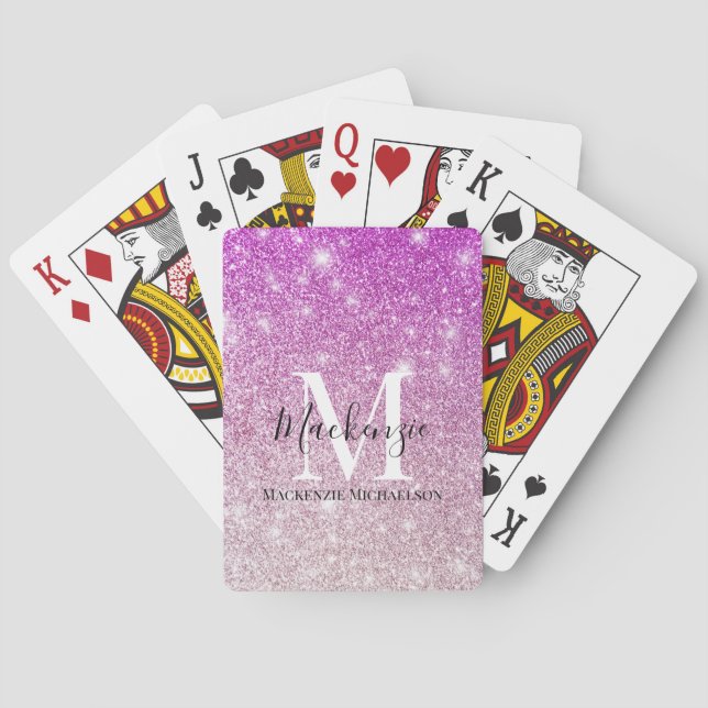 Girly Pink Ombre Glitter Monogram Name  Playing Cards (Back)