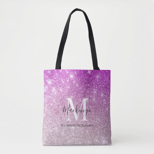 Girly Pink Ombre Glitter Monogram Name   Tote Bag (Front)