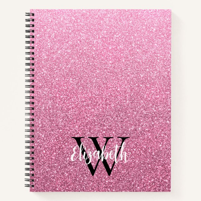 Girly Pink Ombre Glitter Monogram Notebook (Front)
