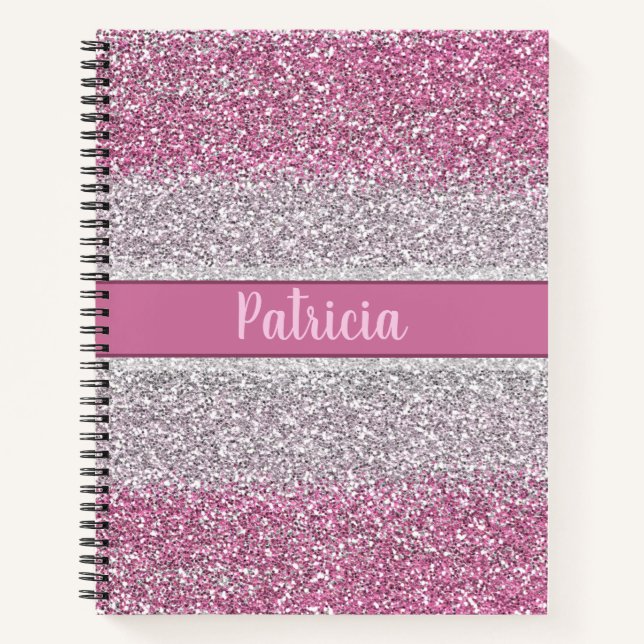 Girly Pink Ombre Glitter Personalised Name Notebook (Front)