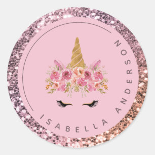 Girly Pink Ombre Glitter Unicorn  Classic Round Sticker