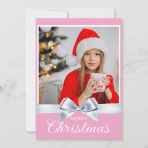Girly Pink One Photo Merry Christmas Greeting Holiday Card
