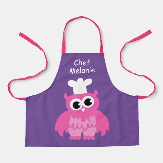 Girly pink owl chef cartoon kids apron for girl (Front)