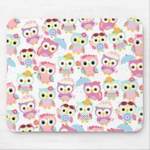 Girly Pink Owls Cute Pattern Mouse Mat