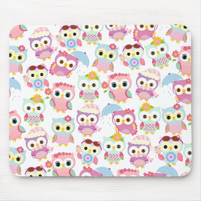 Girly Pink Owls Cute Pattern Mouse Mat (Front)