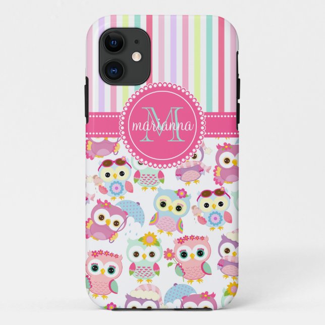 Girly Pink Owls Cute Pattern Personalised Case-Mate iPhone Case (Back)