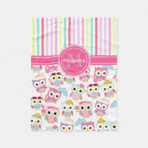 Girly Pink Owls Cute Pattern Personalised Fleece Blanket