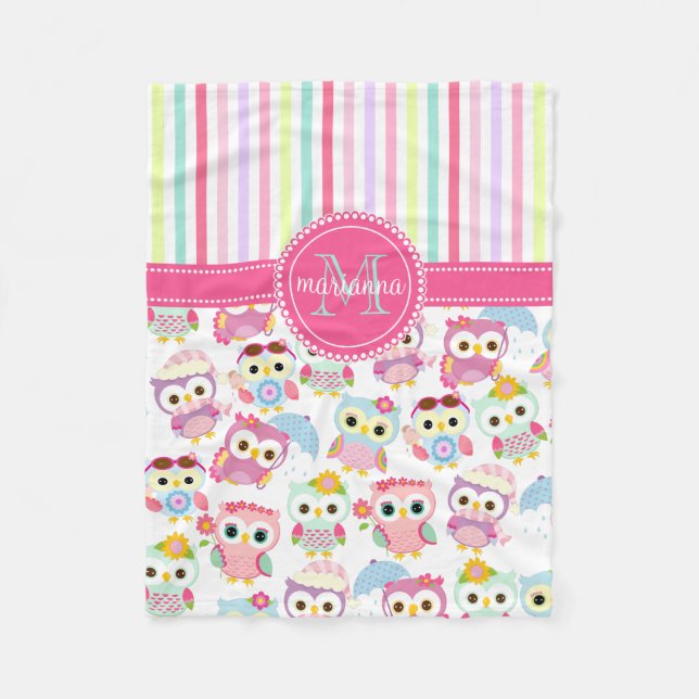 Girly Pink Owls Cute Pattern Personalised Fleece Blanket (Front)