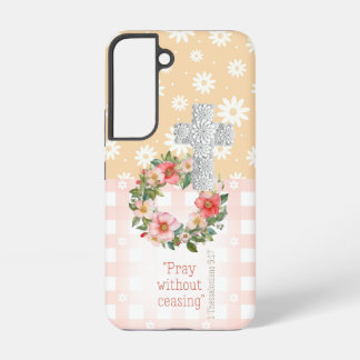 Girly Pink Peach Floral Rose Faith Cross Samsung Galaxy Case