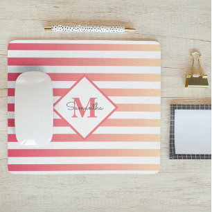 Girly Pink Peach Ombre Stripes Monogram Mouse Mat