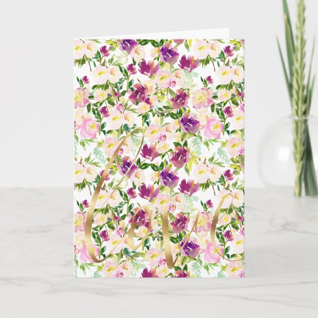 Girly Pink Peach Purple Burgundy Watercolor Floral Card (Front)