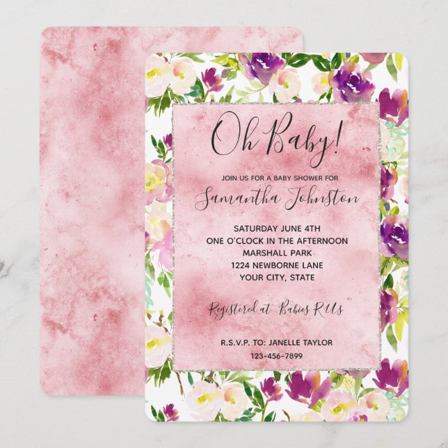 Girly Pink Peach Purple Burgundy Watercolor Floral Invitation (Front/Back)