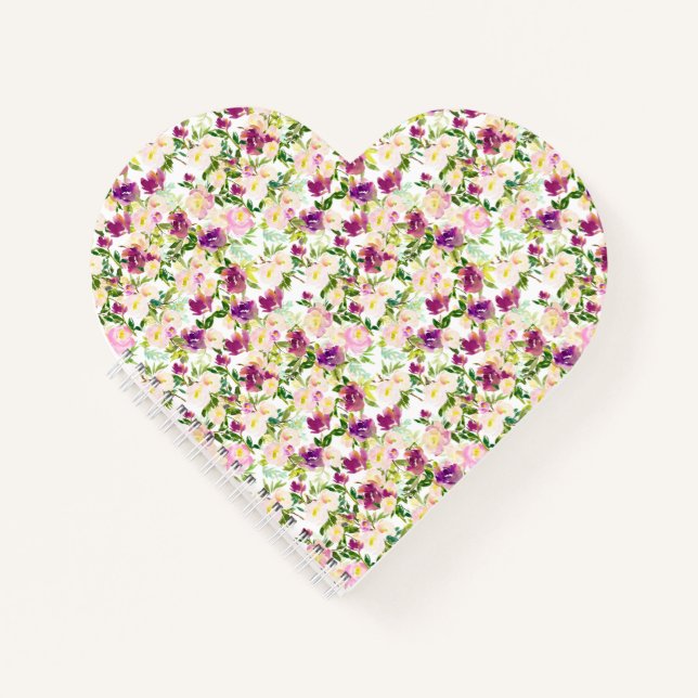 Girly Pink Peach Purple Burgundy Watercolor Floral Notebook (Front)