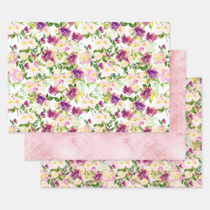 Girly Pink Peach Purple Burgundy Watercolor Floral Wrapping Paper Sheet