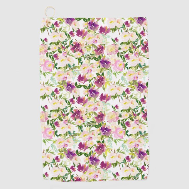 Girly Pink Peach Purple Watercolor Floral Golf Towel (Front)