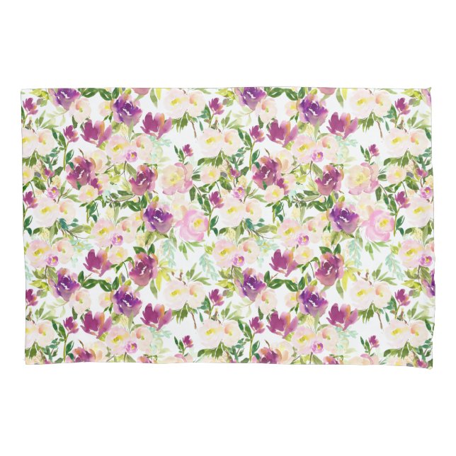 Girly Pink Peach Purple Watercolor Floral Pillowcase (Front)