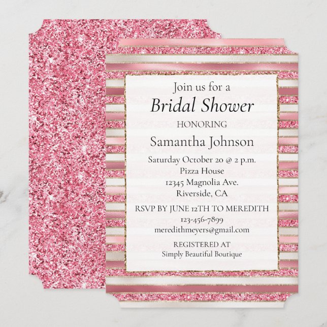 Girly Pink Pearl Glitter Stripes Invitation (Front/Back)