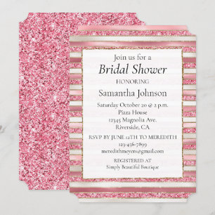 Girly Pink Pearl Glitter Stripes Invitation