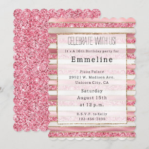 Girly Pink Pearl Glitter Stripes Invitation