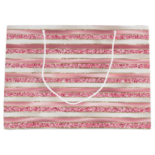 Girly Pink Pearl Glitter Stripes Large Gift Bag