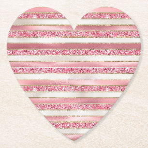 Girly Pink Pearl Glitter Stripes Paper Coaster