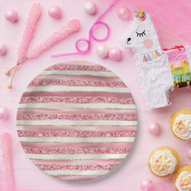 Girly Pink Pearl Glitter Stripes Paper Plate (Party)