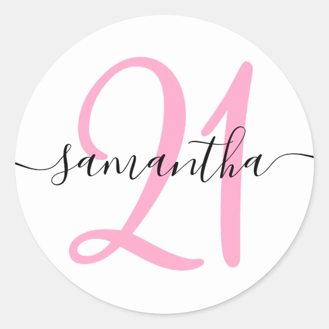 Girly Pink Personalised 21 Classic Round Sticker (Front)