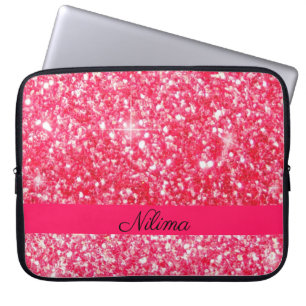 Girly Pink Personalised name trendy faux glitter Laptop Sleeve