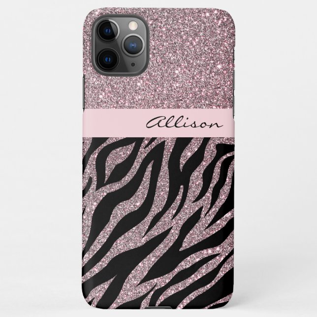 Girly Pink Personalised Name Zebra Print Rose Gold iPhone Case (Back)