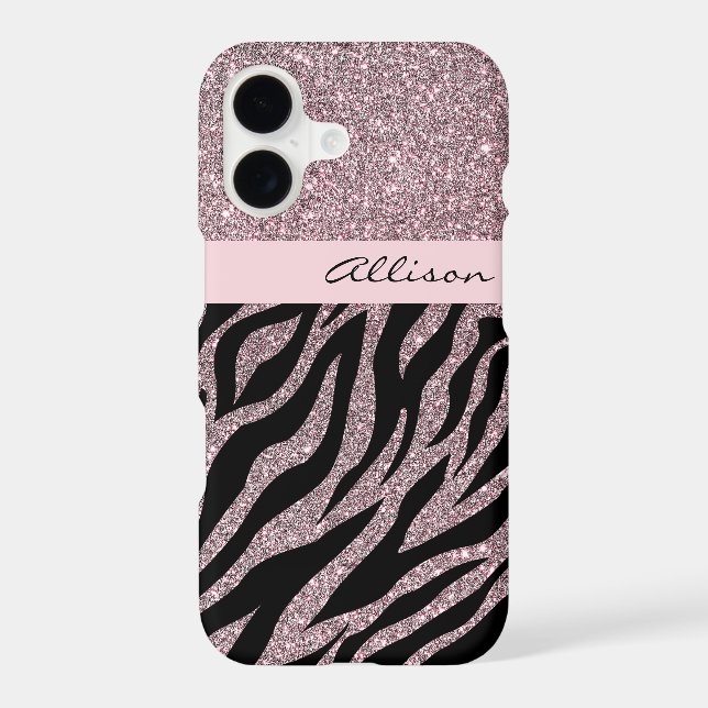 Girly Pink Personalised Name Zebra Print Rose Gold iPhone Case (Back)
