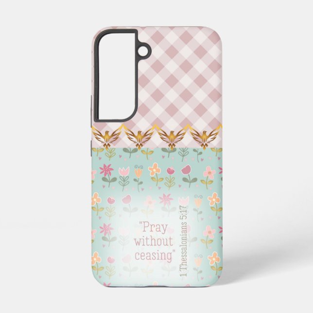 Girly Pink Plaid Pastel Floral Gold Doves Faith Samsung Galaxy S22 Case (Back)