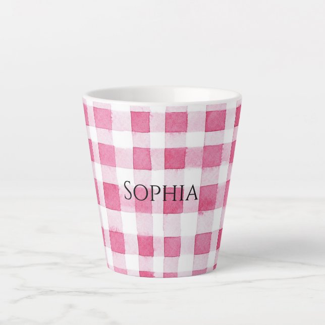 Girly Pink Plaid Stripes Birthday Latte Mug (Front)