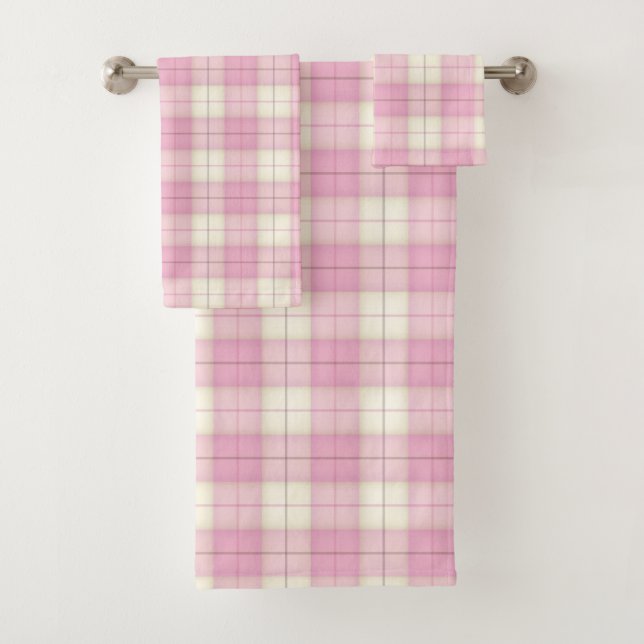 Girly Pink Plaid Tartan Bath Towel Set (Insitu)