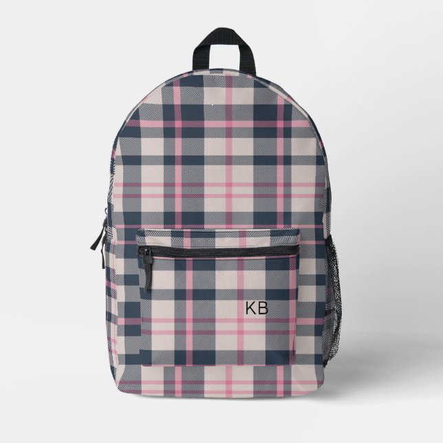 Girly Pink Plaid Tartan Check Monogram Initials Printed Backpack (Front)
