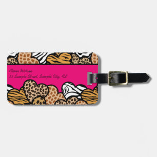 Girly Pink Playful Animal Print Hearts Address  Luggage Tag