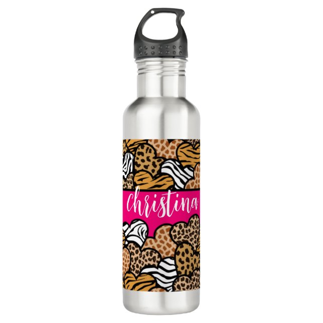 Girly Pink Playful Animal Print Hearts Name  710 Ml Water Bottle (Front)