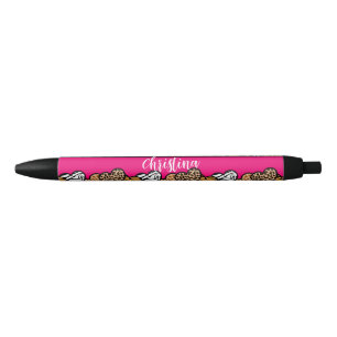 Girly Pink Playful Animal Print Hearts Name Black Ink Pen